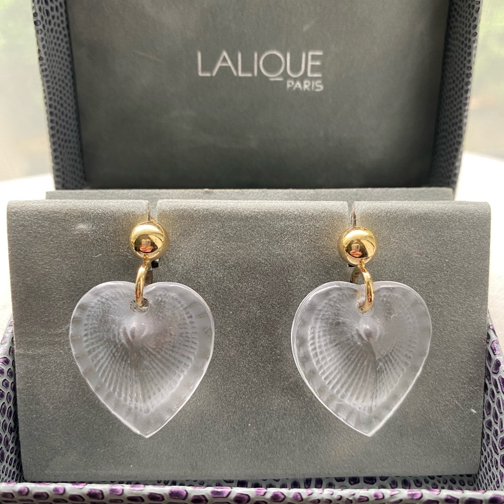Beautiful Rare Vintage Lalique “Telline” Clear Crystal and Gold Earrings